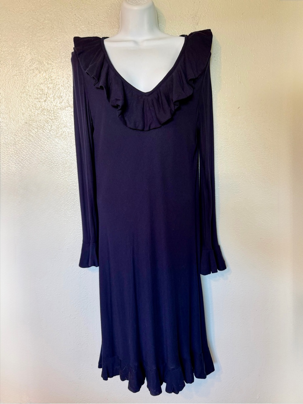 Gretchen Scott Designs Navy Blue Ruffle Knit Long sleeve Midi Length Dress Sz M